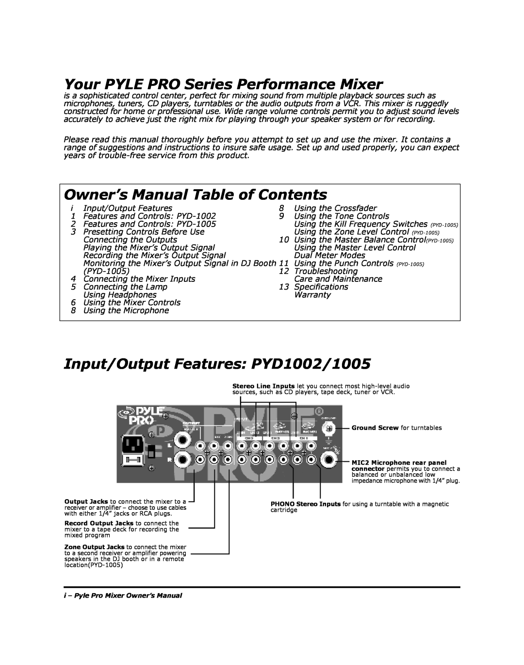 PYLE Audio PYD-1002, PYD-1005 manual Your PYLE PRO Series Performance Mixer, Owner’s Manual Table of Contents 