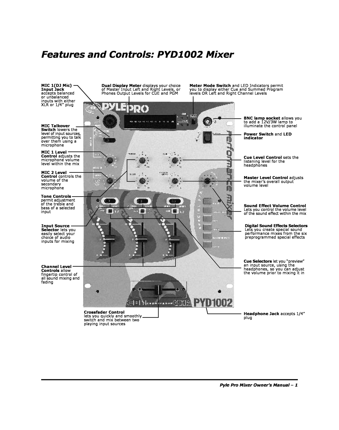 PYLE Audio PYD-1005, PYD-1002 manual Features and Controls PYD1002 Mixer, Pyle Pro Mixer Owner’s Manual 