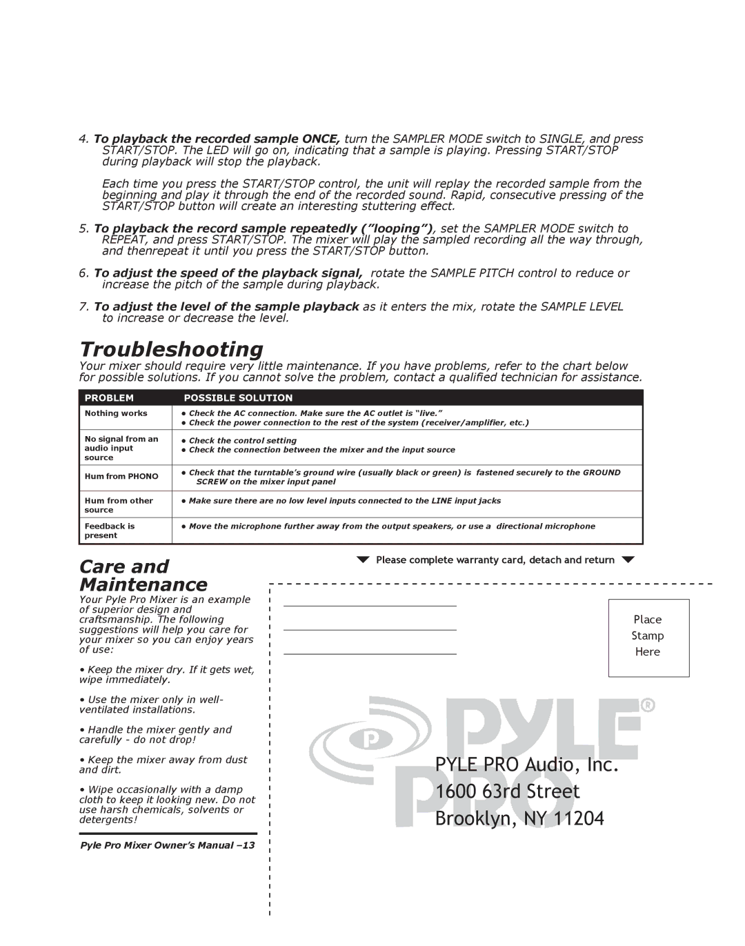 PYLE Audio PYD-1918 manual Troubleshooting, Problem Possible Solution 