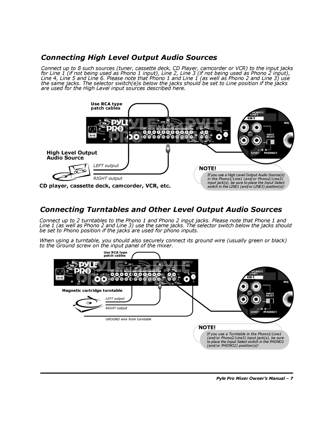 PYLE Audio PYD-1918 Connecting High Level Output Audio Sources, Connecting Turntables and Other Level Output Audio Sources 