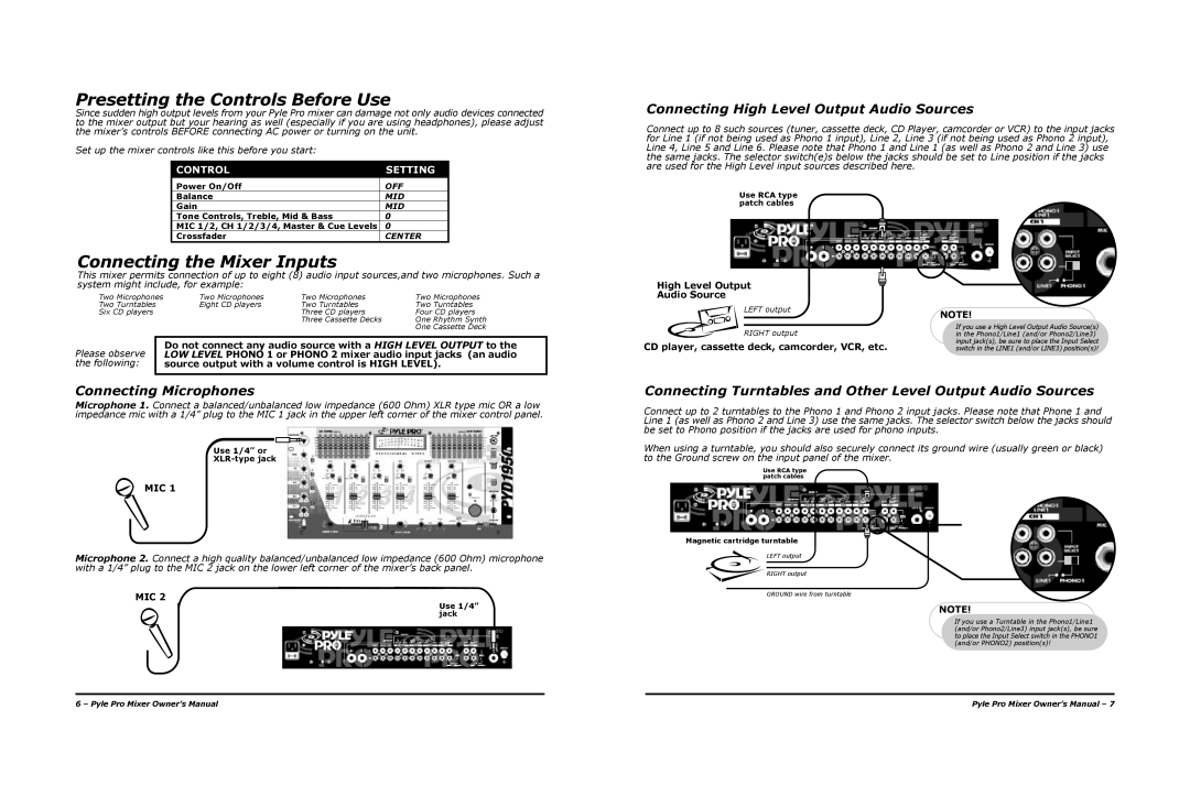 PYLE Audio PYD-1950, PYD-1910 Presetting the Controls Before Use, Connecting the Mixer Inputs, Connecting Microphones 