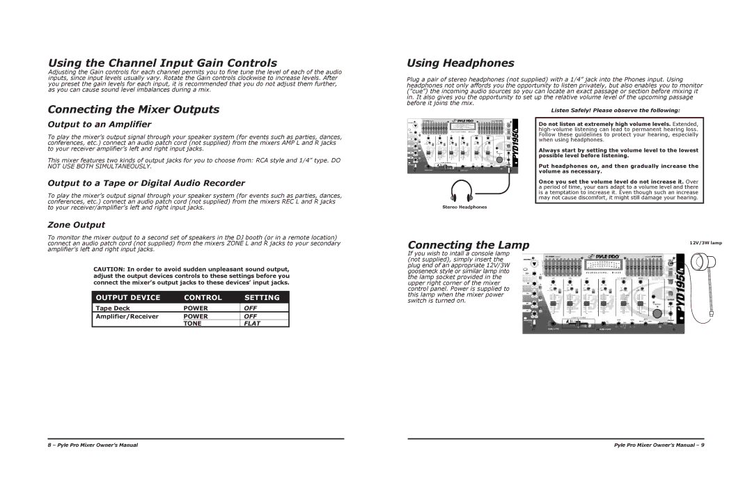 PYLE Audio PYD-1910, PYD-1950 warranty Using the Channel Input Gain Controls, Connecting the Mixer Outputs, Using Headphones 