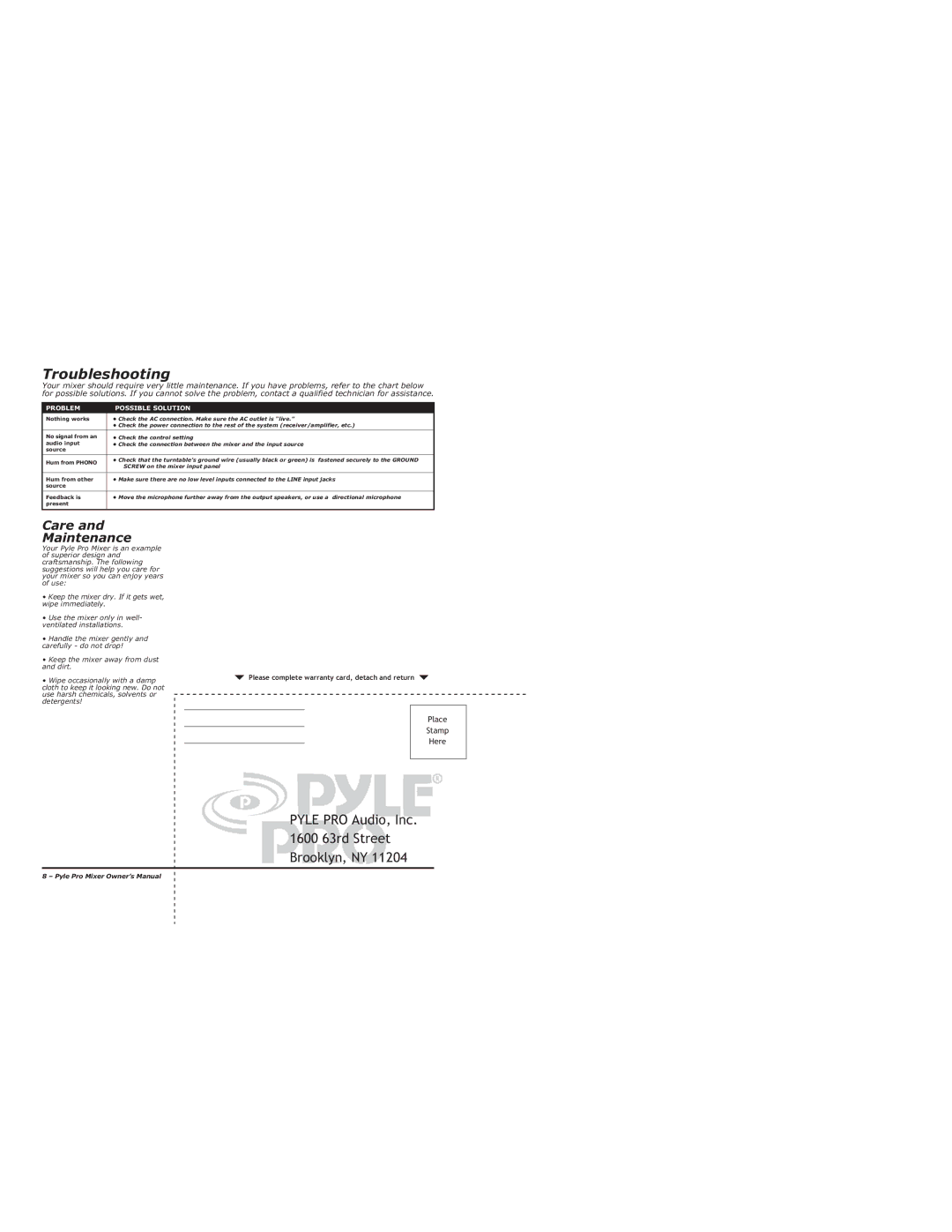 PYLE Audio PYD 2200 warranty Troubleshooting 