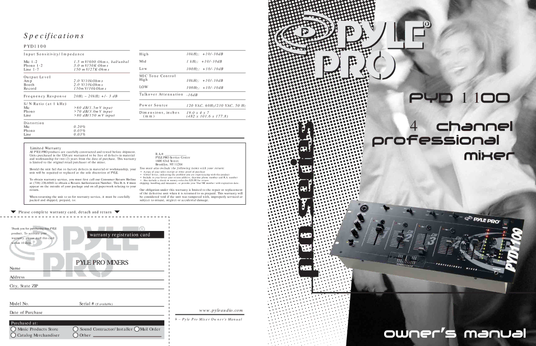 PYLE Audio PYD1100 warranty Specifications 