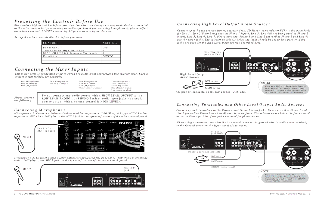 PYLE Audio PYD1100 warranty Presetting the Controls Before Use, Connecting the Mixer Inputs, Connecting Microphones 