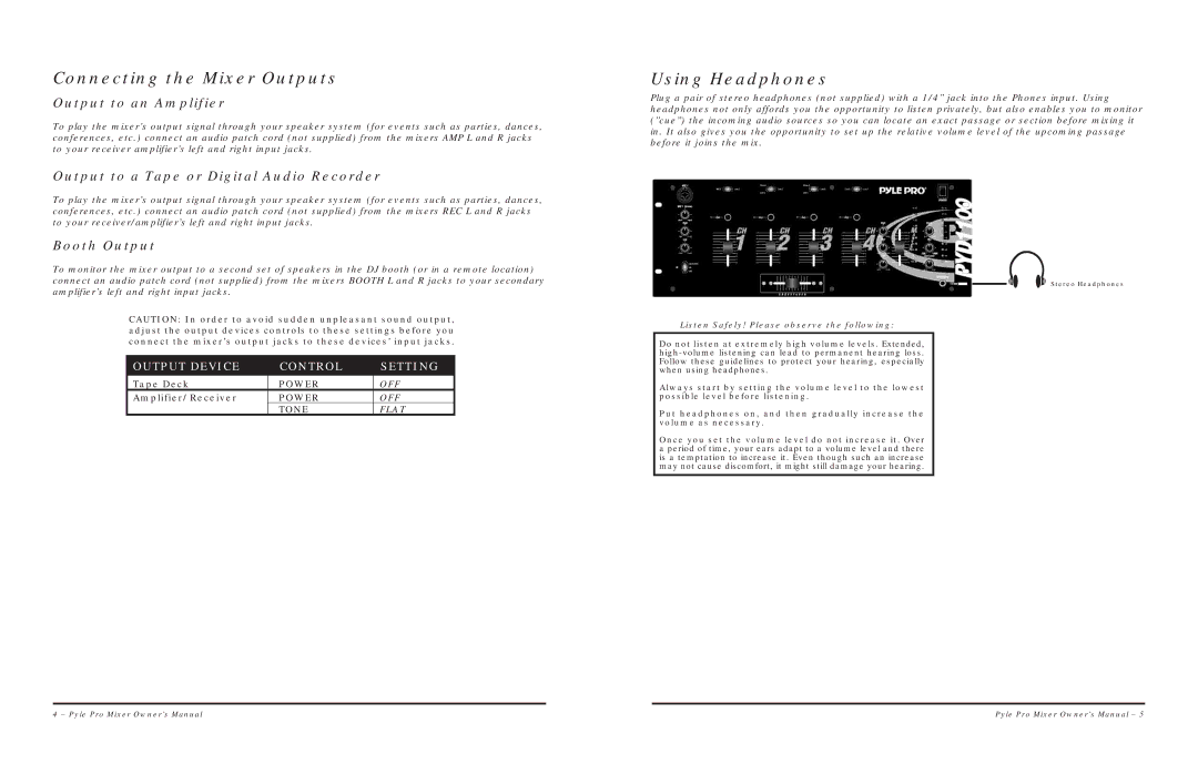 PYLE Audio PYD1100 warranty Connecting the Mixer Outputs, Using Headphones, Output to an Amplifier, Booth Output 