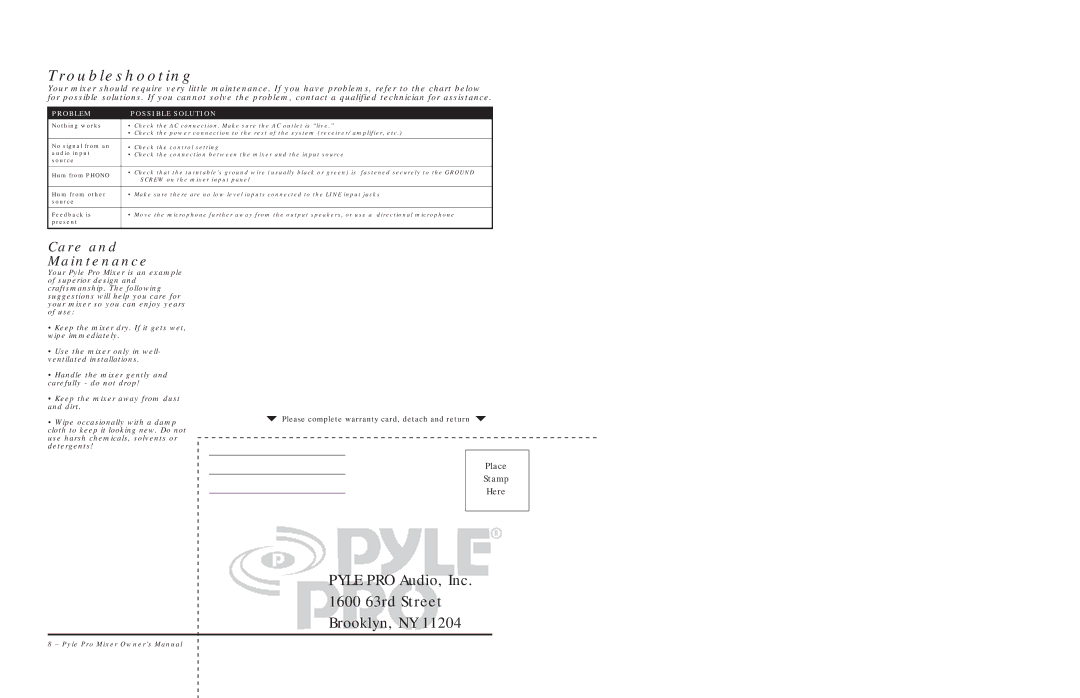 PYLE Audio PYD1100 warranty Troubleshooting, Problem Possible Solution 