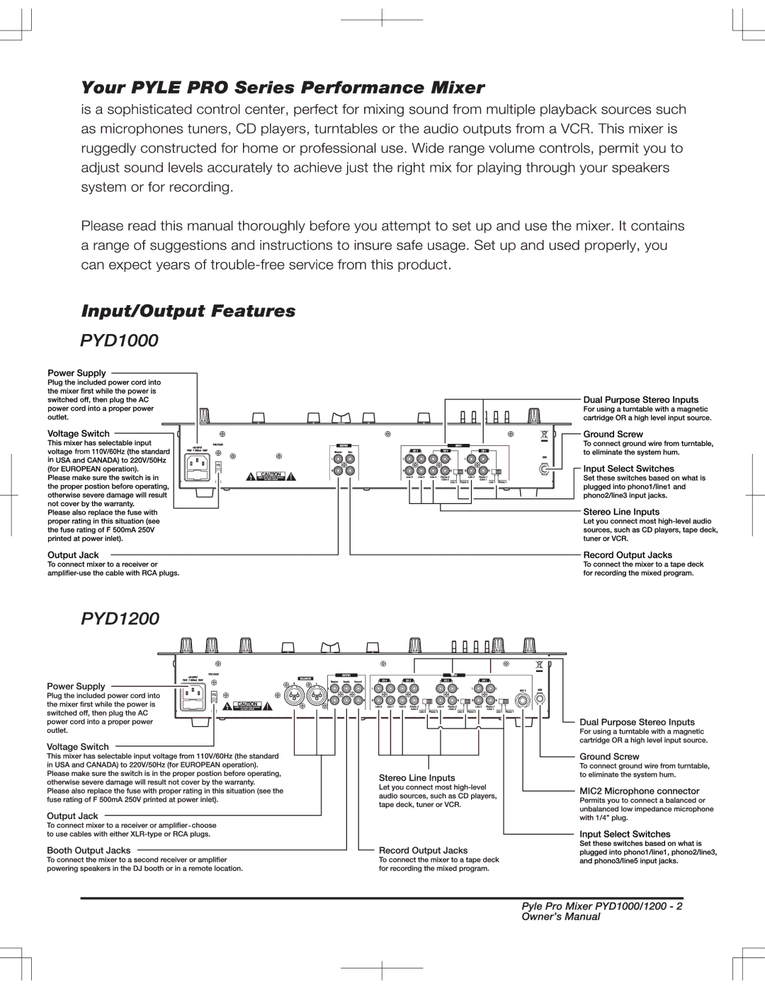 PYLE Audio PYD1000, PYD1200 owner manual 