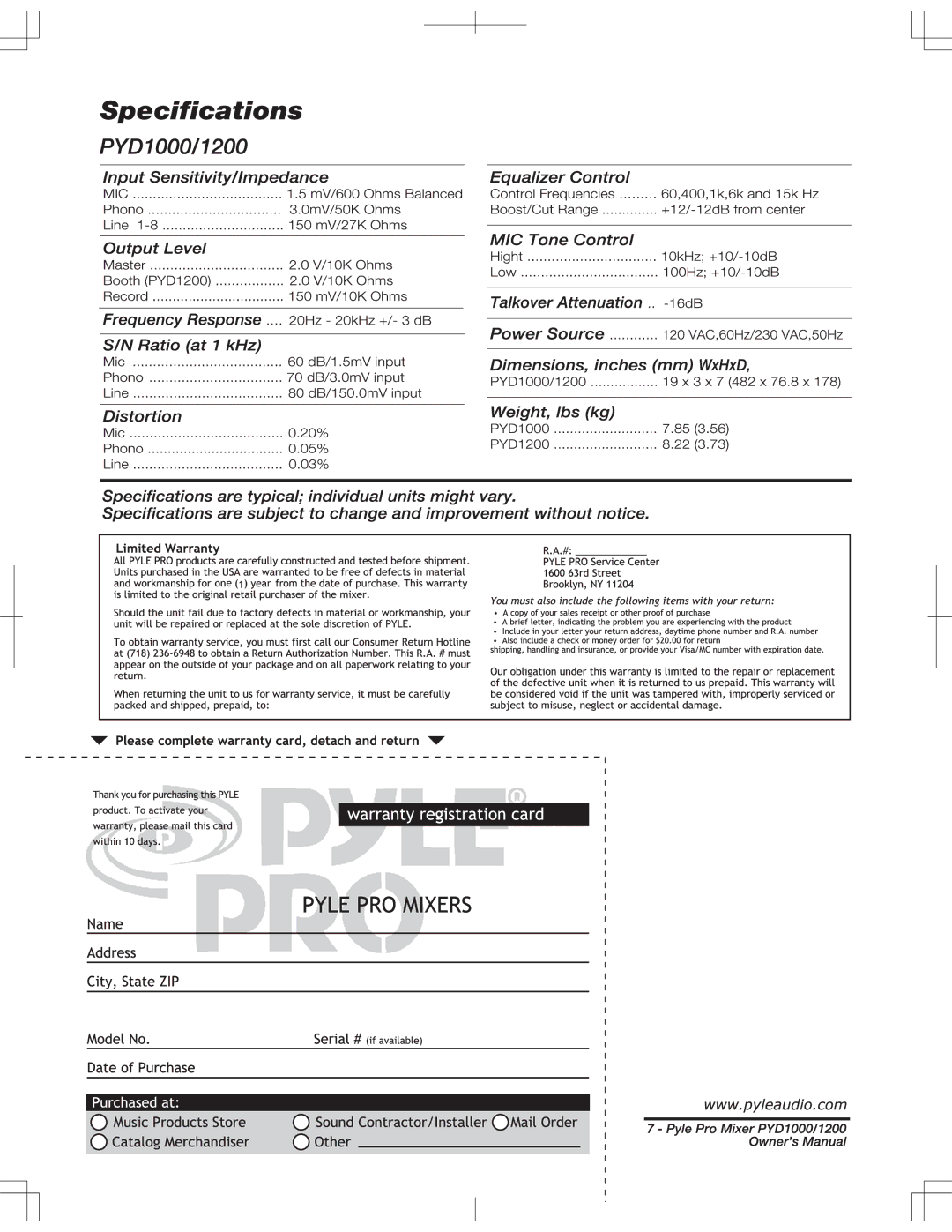 PYLE Audio PYD1200, PYD1000 owner manual 