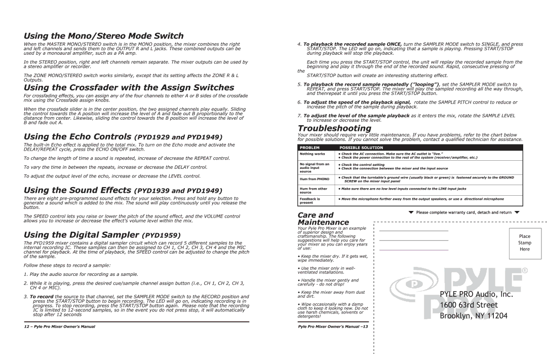 PYLE Audio PYD1949, PYD1939, PYD1959, PYD1929, PYD1919 manual 