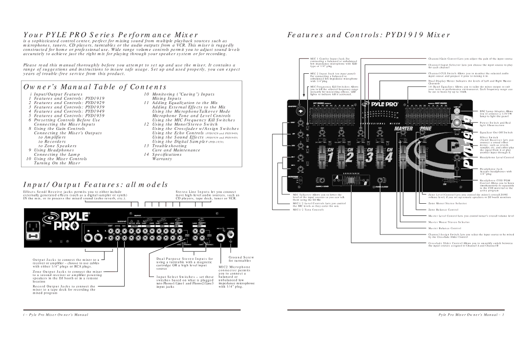 PYLE Audio PYD1939 warranty Your Pyle PRO Series Performance Mixer, Features and Controls PYD1919 Mixer 