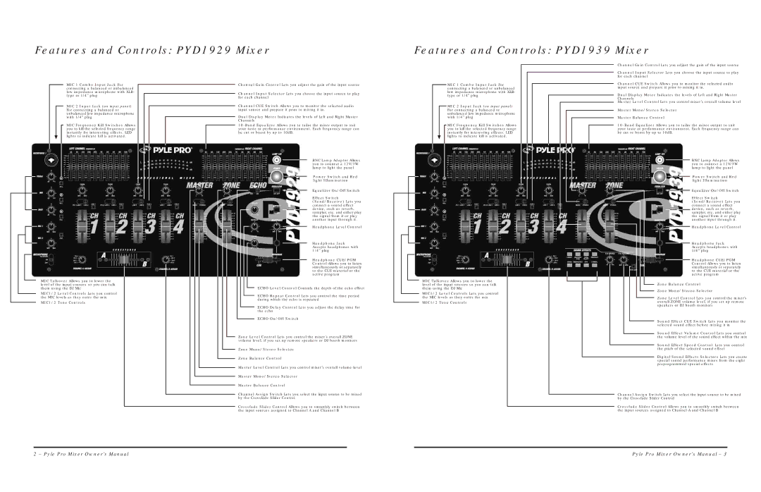 PYLE Audio PYD1939 warranty Echo On/Off Switch, Zone Balance Control Zone Mono/Stereo Selector 