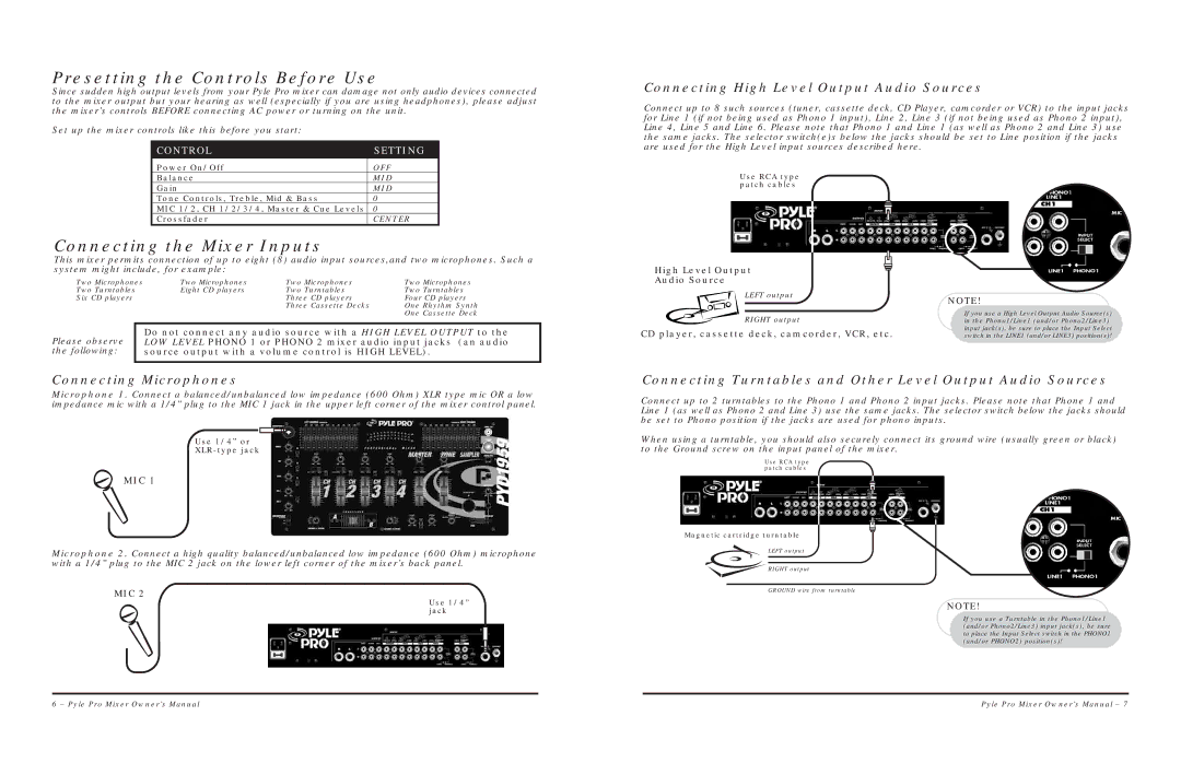 PYLE Audio PYD1939 warranty Presetting the Controls Before Use, Connecting the Mixer Inputs, Connecting Microphones 