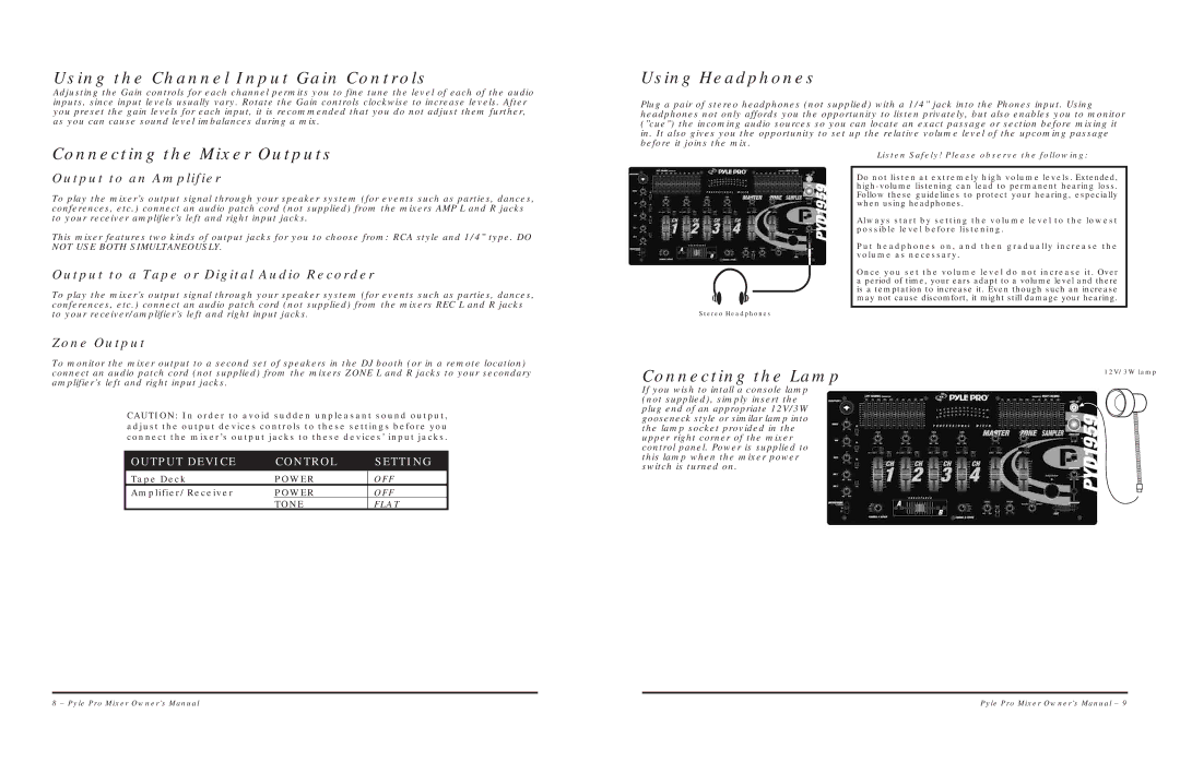 PYLE Audio PYD1939 warranty Using the Channel Input Gain Controls, Connecting the Mixer Outputs, Using Headphones 