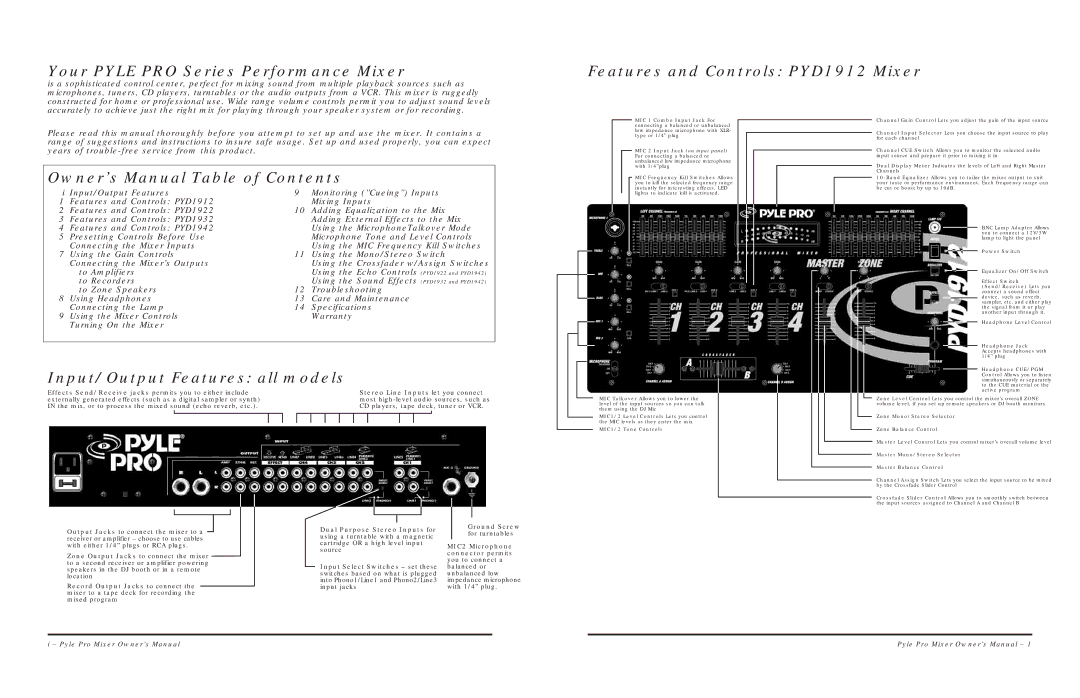 PYLE Audio PYD1932, PYD1942, PYD1922 warranty Your Pyle PRO Series Performance Mixer, Features and Controls PYD1912 Mixer 