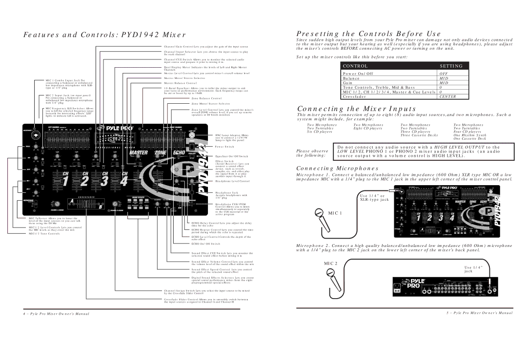 PYLE Audio PYD1942, PYD1912, PYD1932, PYD1922 warranty Connecting the Mixer Inputs, Connecting Microphones 