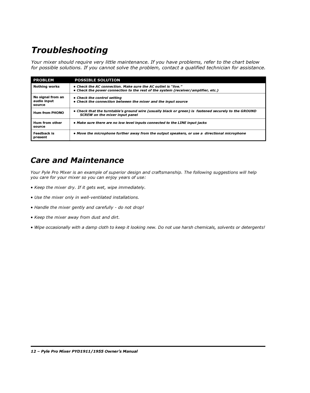 PYLE Audio PYD1955 manual Troubleshooting, Problem Possible Solution 