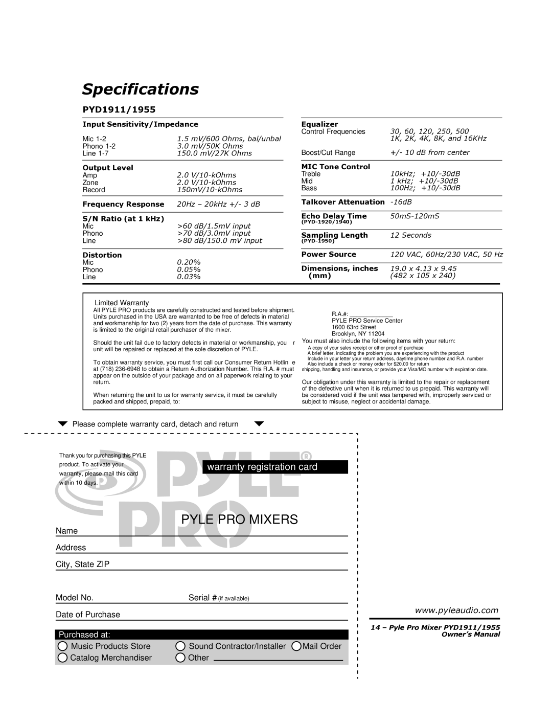 PYLE Audio PYD1955 manual Specifications, PYD1911/1955 