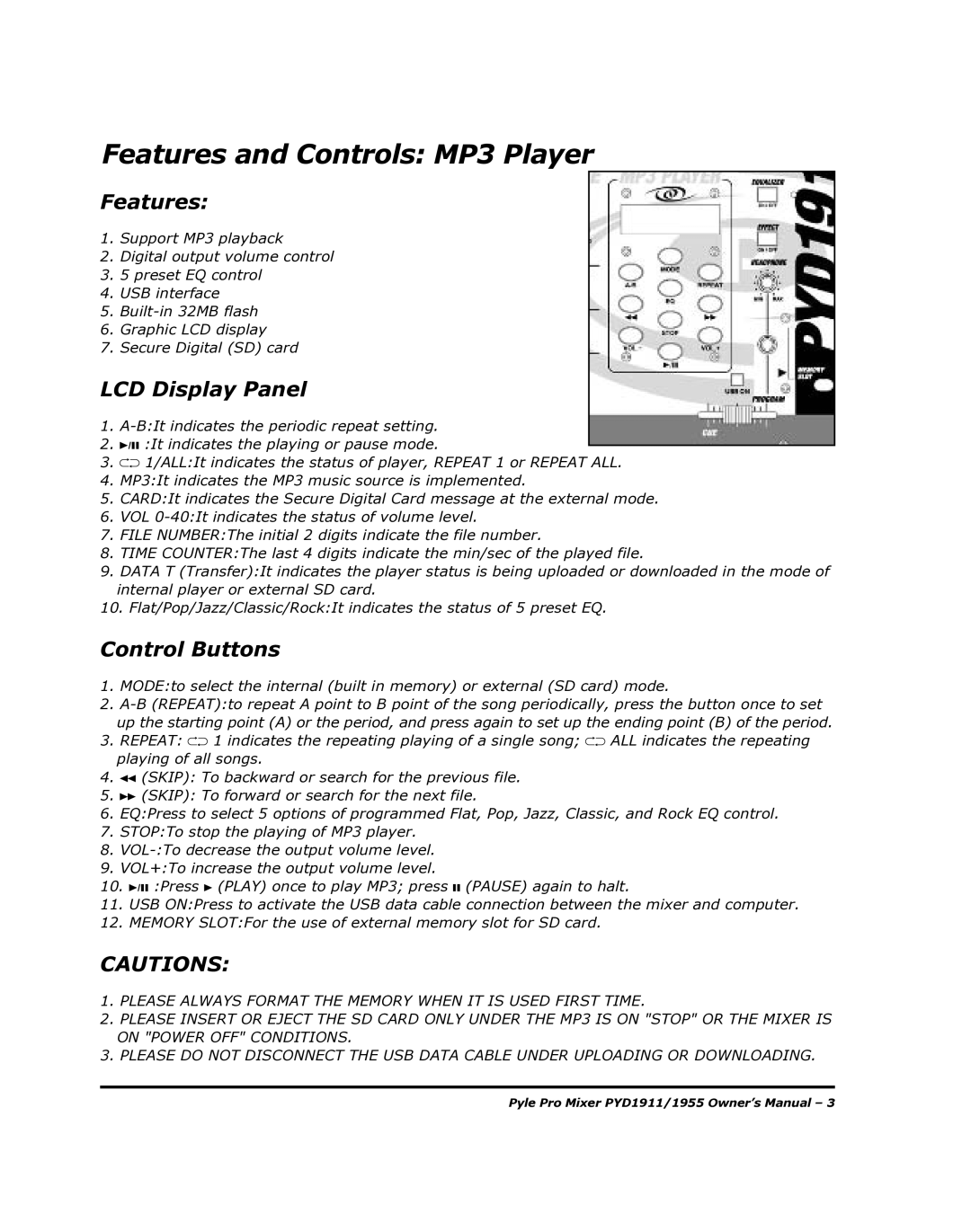 PYLE Audio PYD1955 manual Features and Controls MP3 Player, LCD Display Panel, Control Buttons 