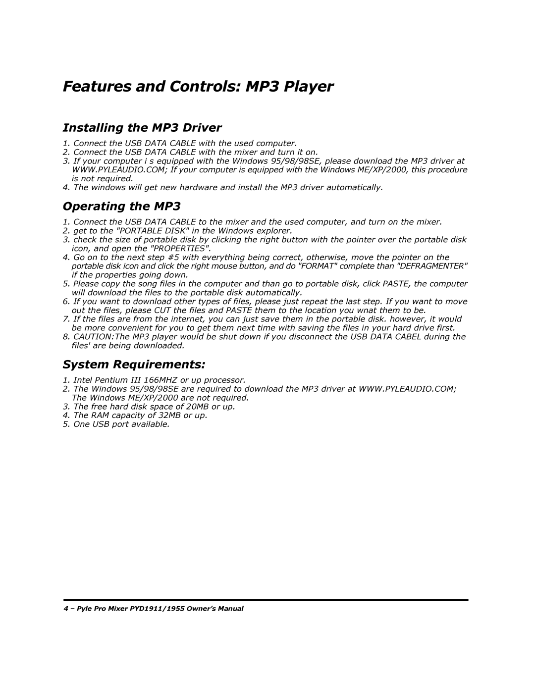 PYLE Audio PYD1955 manual Installing the MP3 Driver, Operating the MP3, System Requirements 