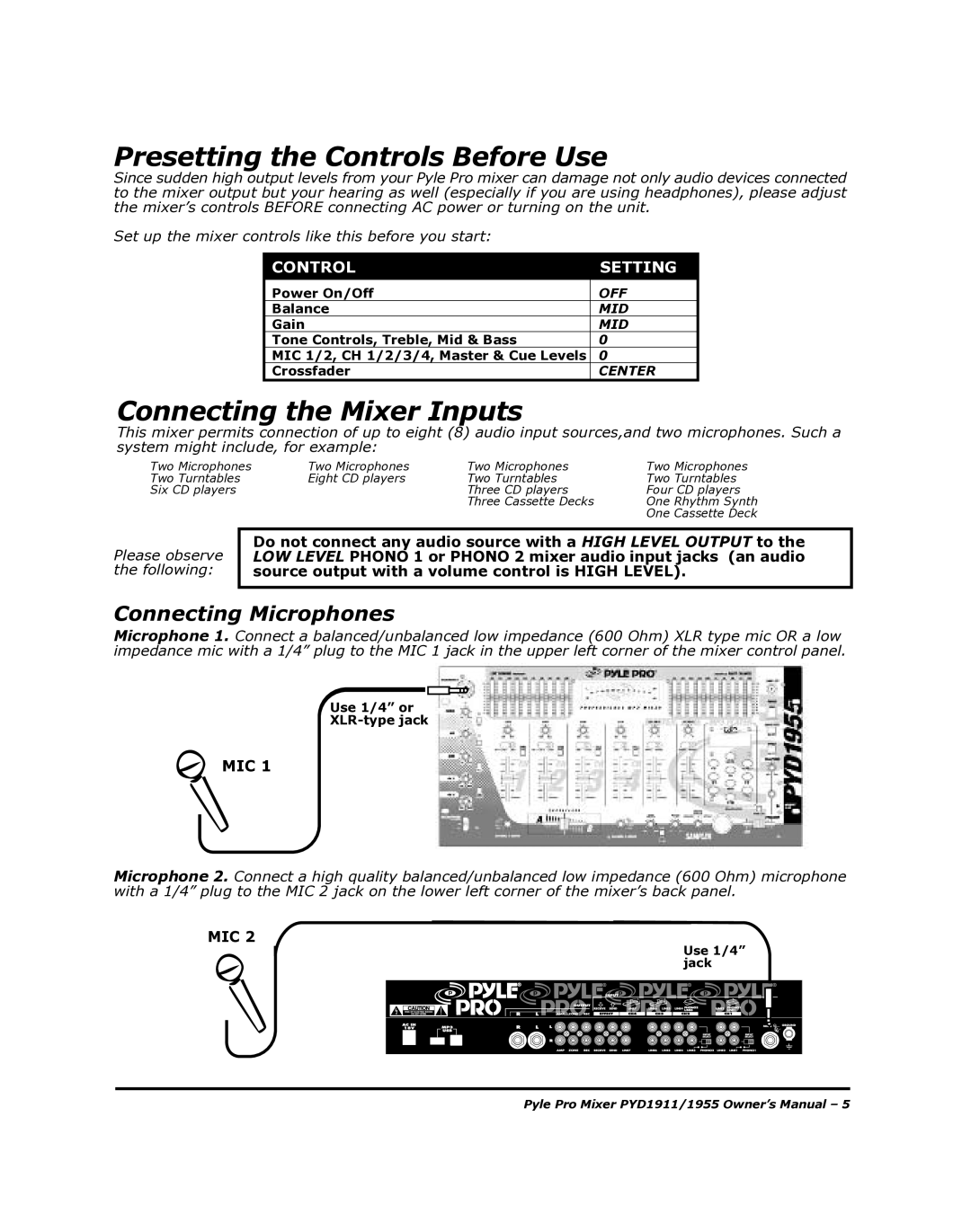 PYLE Audio PYD1955 manual Presetting the Controls Before Use, Connecting the Mixer Inputs, Connecting Microphones 