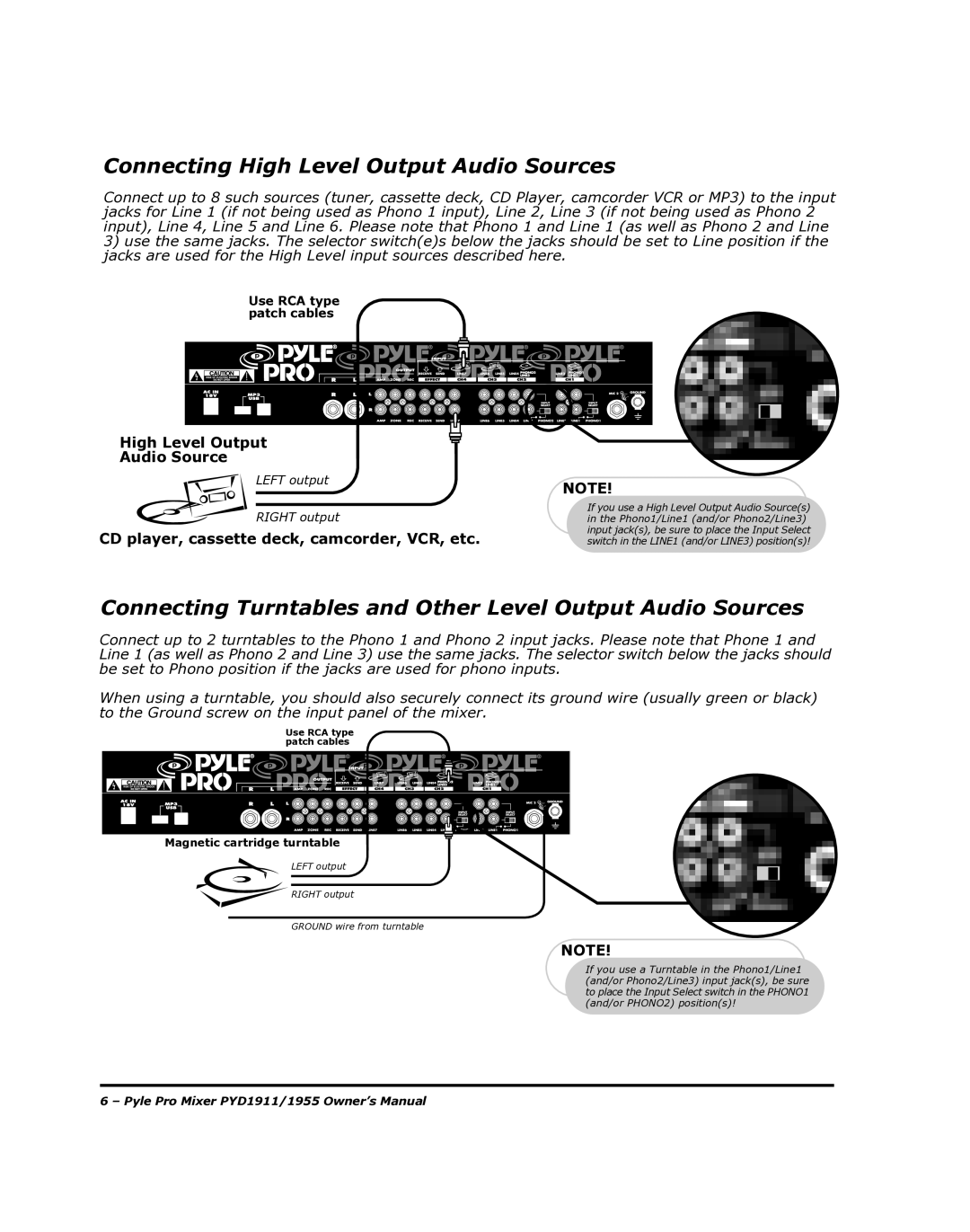 PYLE Audio PYD1955 Connecting High Level Output Audio Sources, Connecting Turntables and Other Level Output Audio Sources 