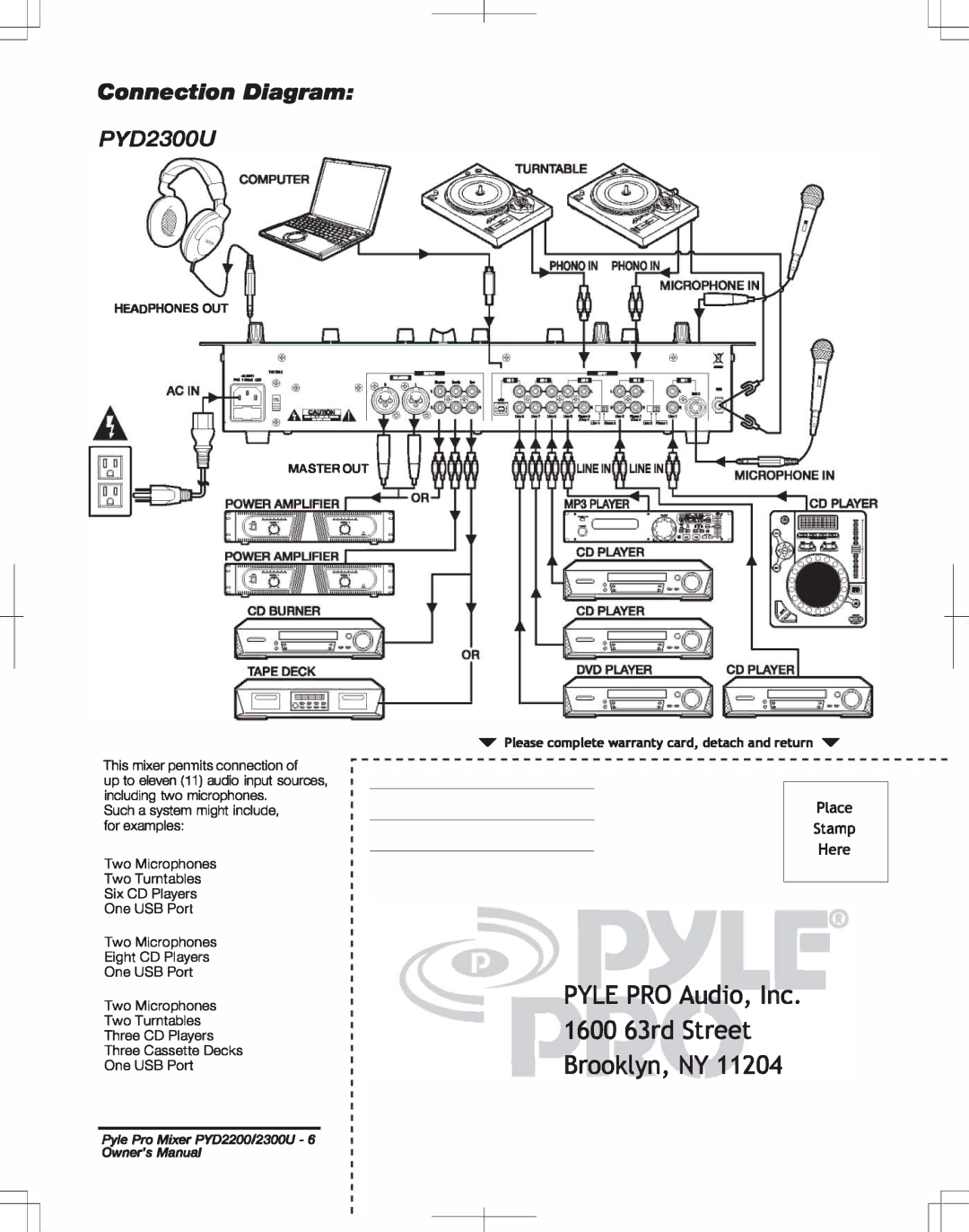 PYLE Audio PYD2200 manual Connection Diagram PYD2300U, Pyle PRO Audio, Inc 1600 63rd Street Brooklyn, NY 