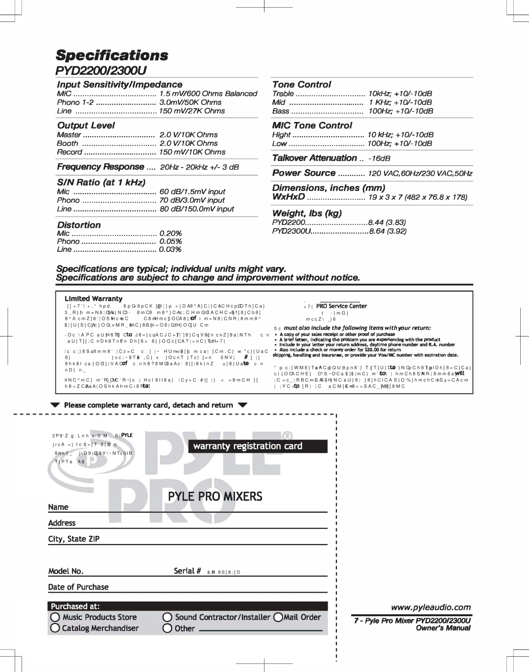 PYLE Audio PYD2300U manual Specifications, PYD2200/2300U, Pyle PRO Mixers 