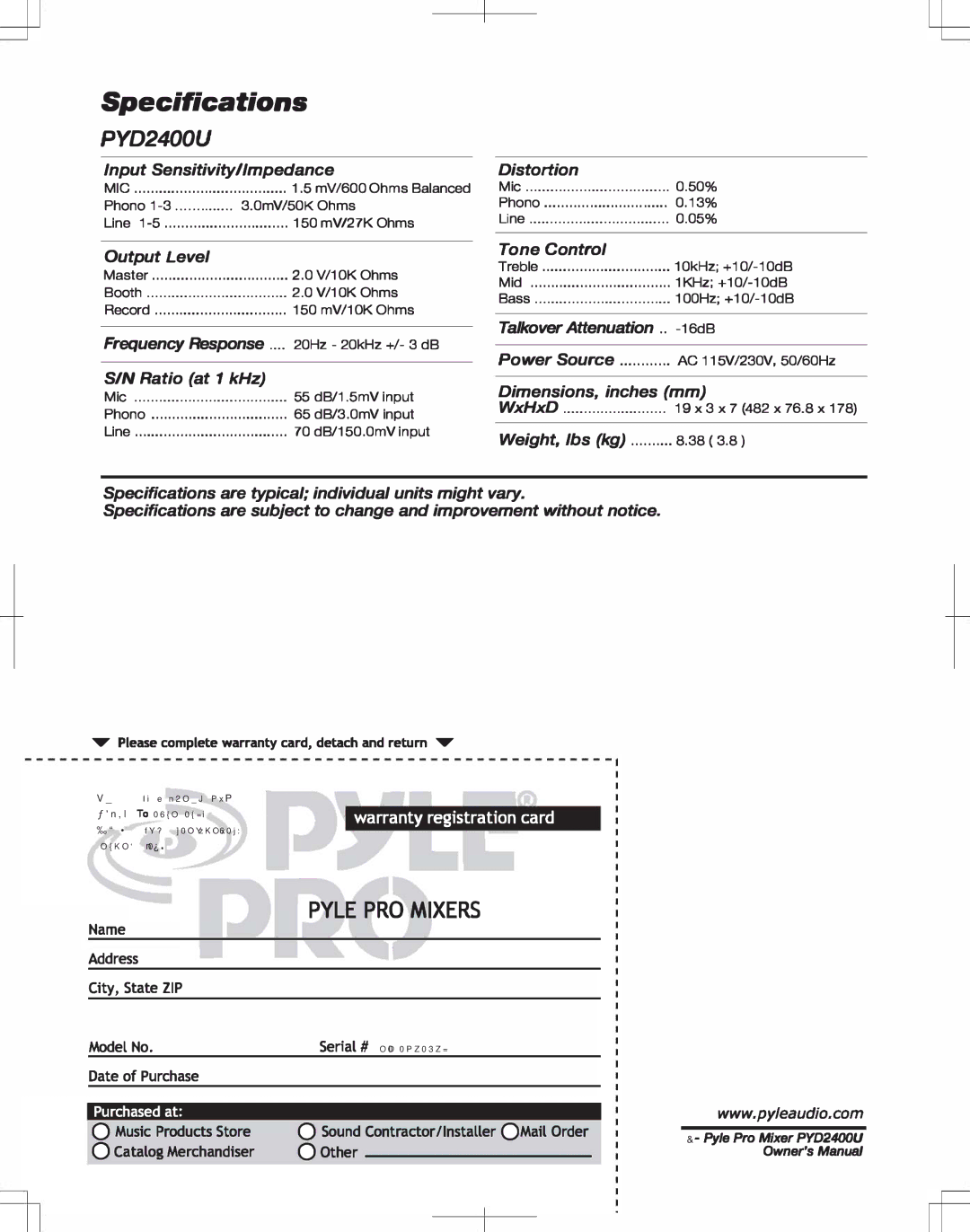 PYLE Audio manual Specifications PYD2400U 