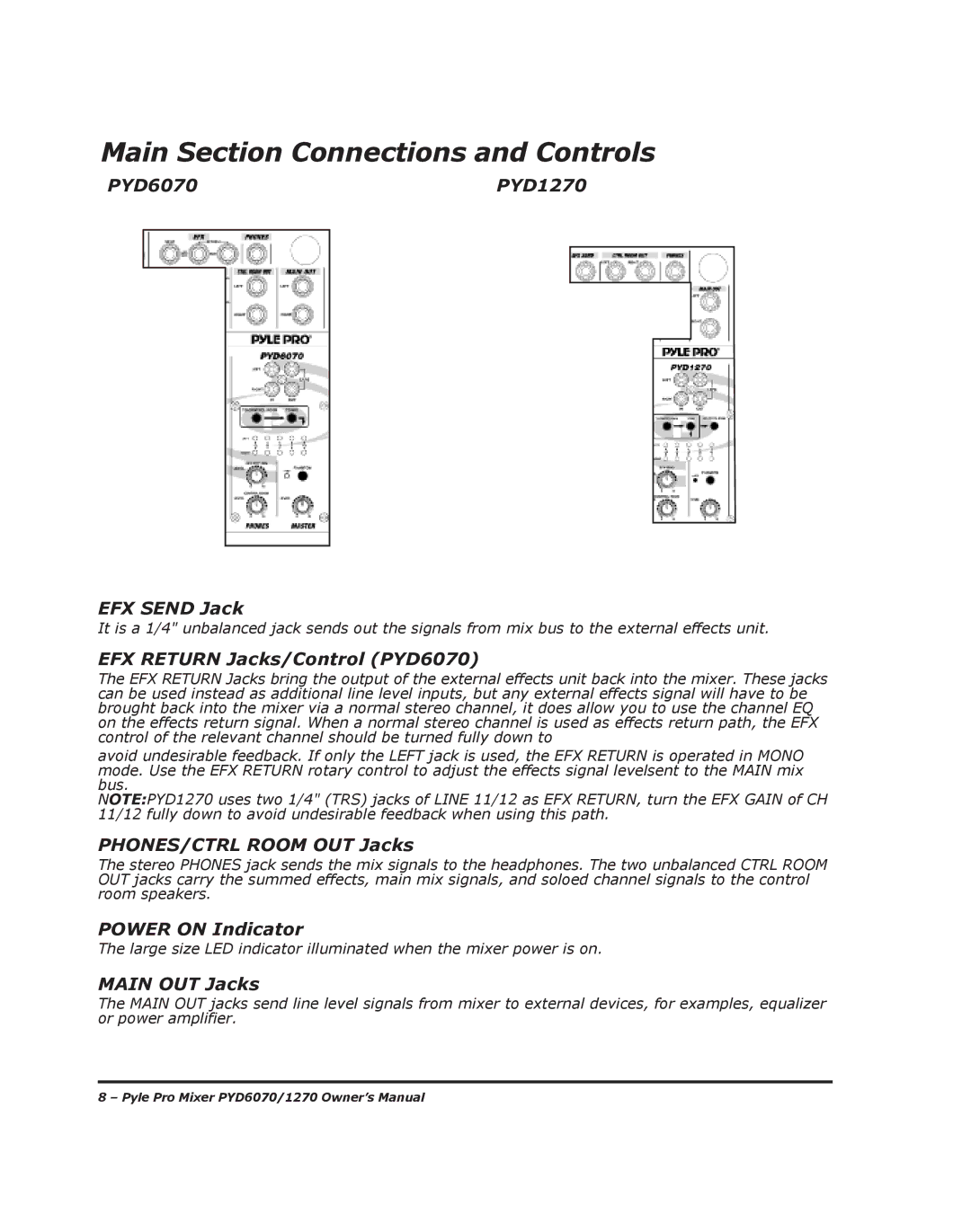 PYLE Audio PYD6070, PYD1270 manual Main Section Connections and Controls 