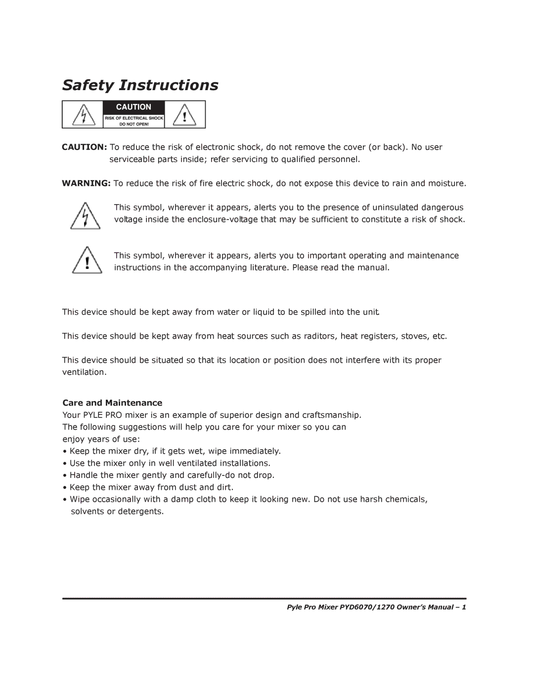 PYLE Audio PYD1270, PYD6070 manual Safety Instructions, Care and Maintenance 