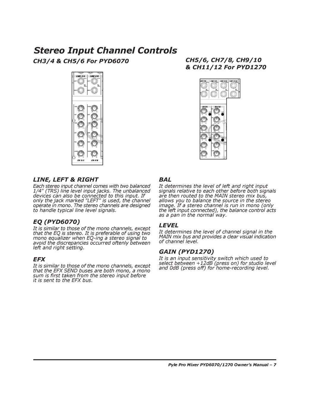 PYLE Audio manual Stereo Input Channel Controls, LINE, Left & Right BAL, EQ PYD6070, Gain PYD1270 