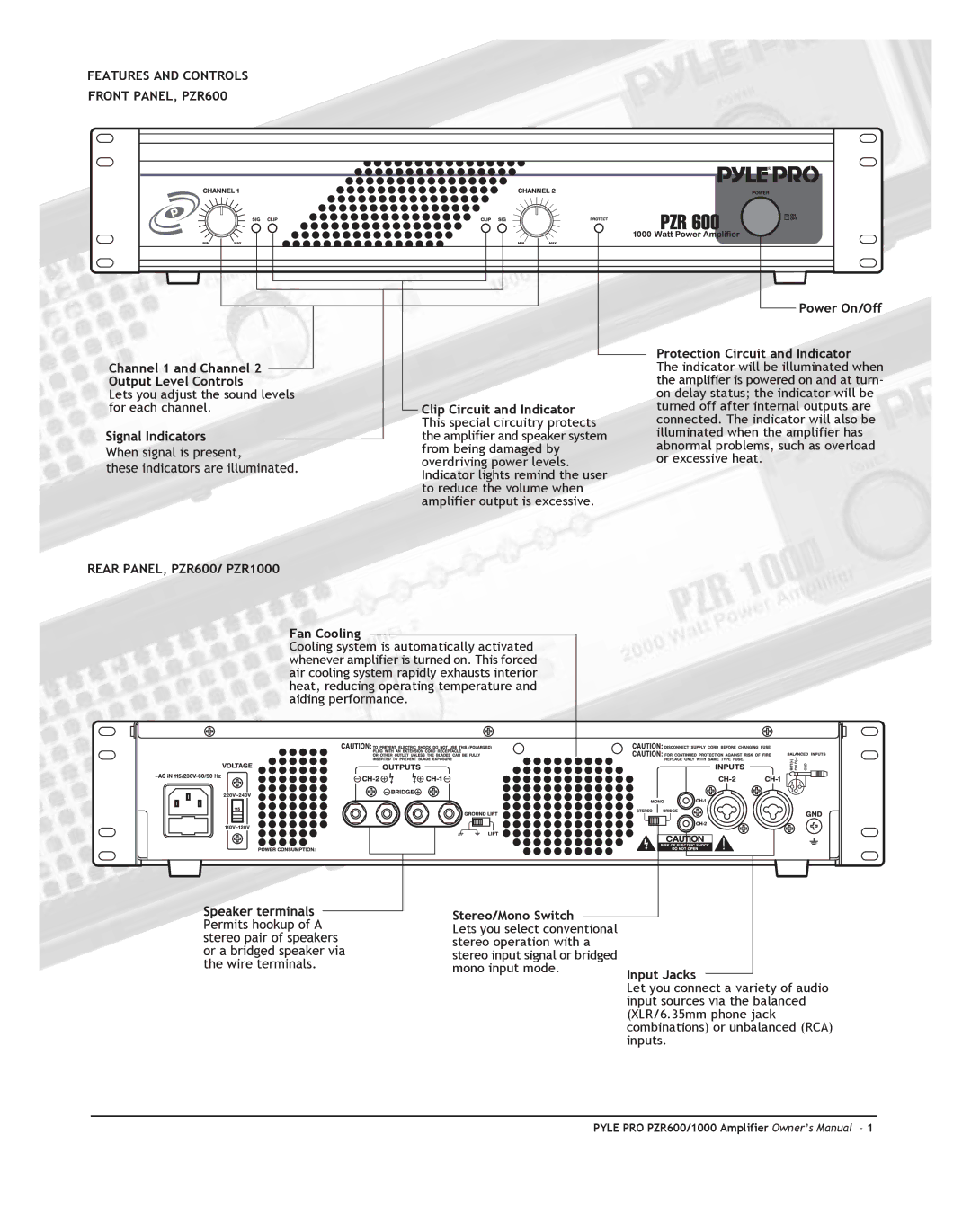 PYLE Audio Features and Controls Front PANEL, PZR600, Rear PANEL, PZR600/ PZR1000, Fan Cooling, Stereo/Mono Switch 