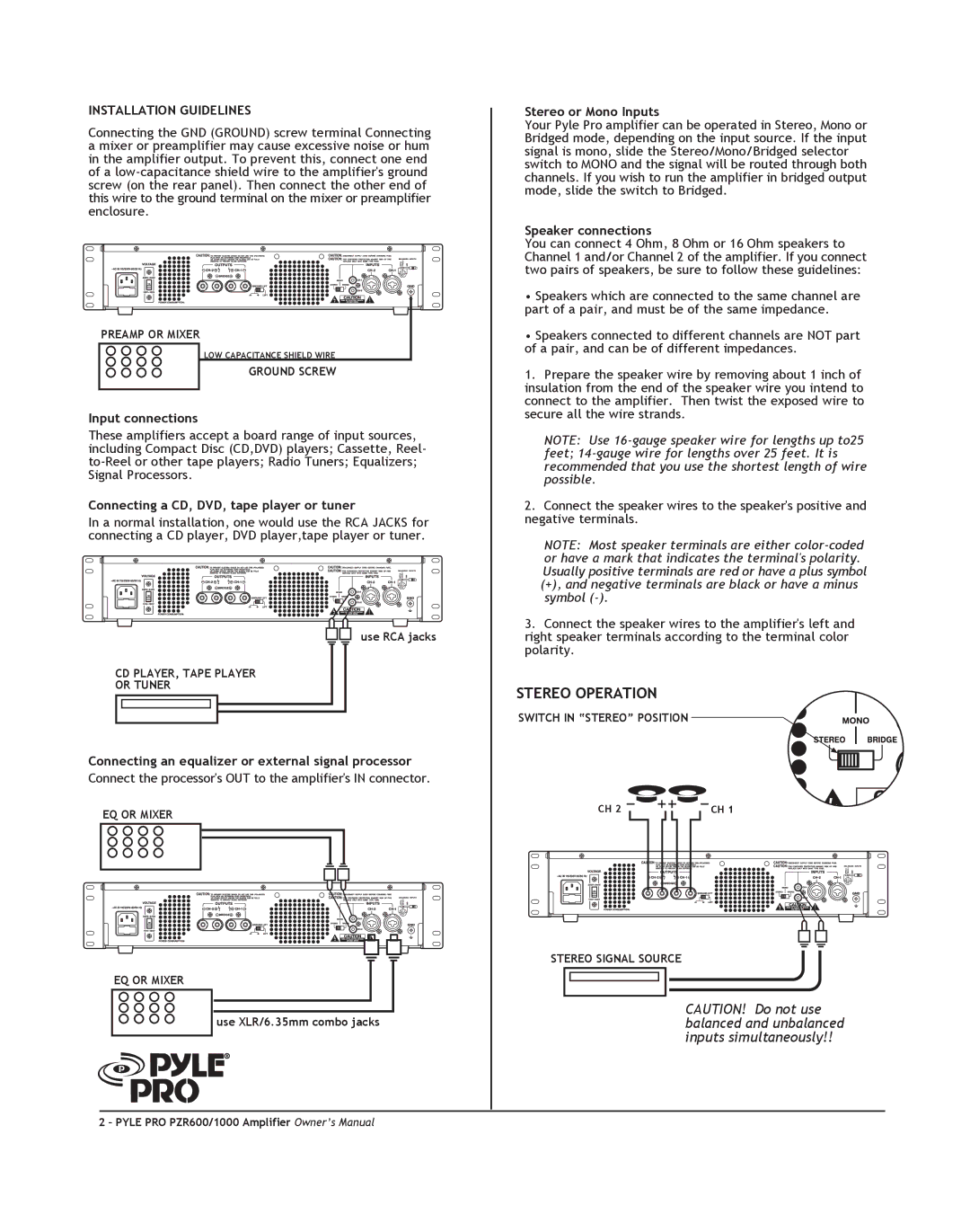 PYLE Audio PZR600, PZR1000 owner manual Installation Guidelines 