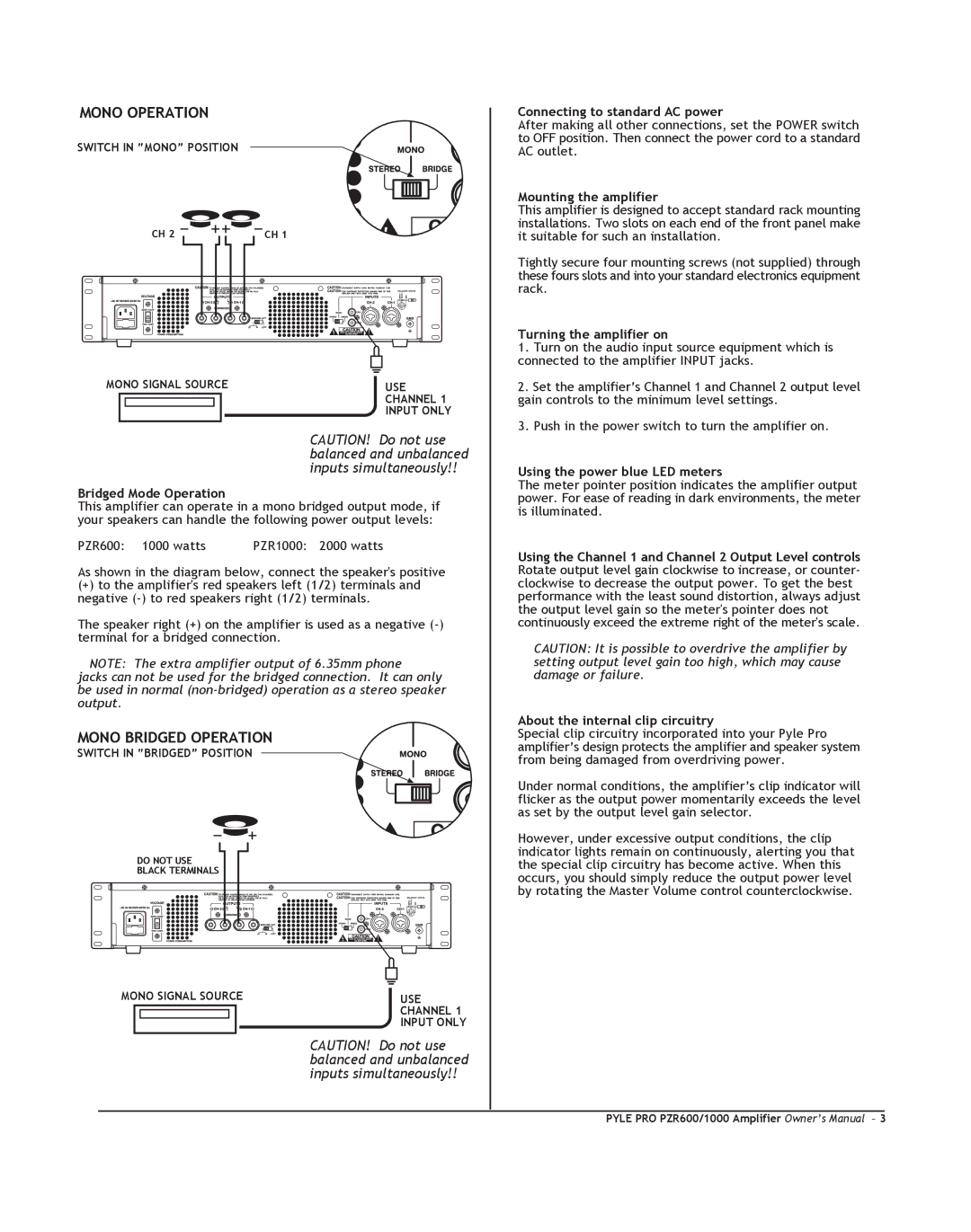 PYLE Audio PZR1000, PZR600 owner manual Connecting to standard AC power, Mounting the amplifier, Turning the amplifier on 