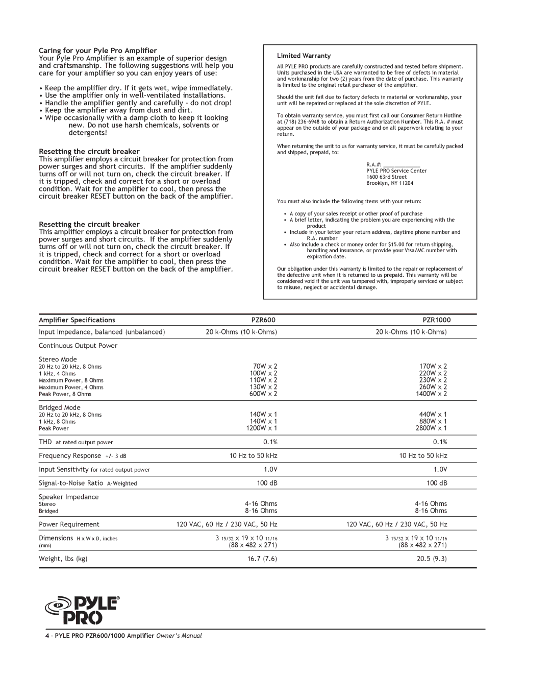 PYLE Audio PZR600, PZR1000 owner manual Caring for your Pyle Pro Amplifier, Resetting the circuit breaker 