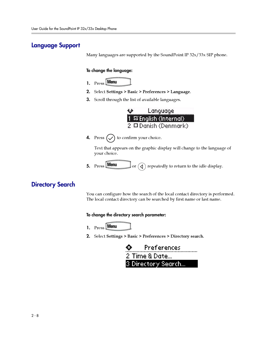 PYLE Audio SIP 3.2.1 manual Language Support, Directory Search, Select Settings Basic Preferences Language 