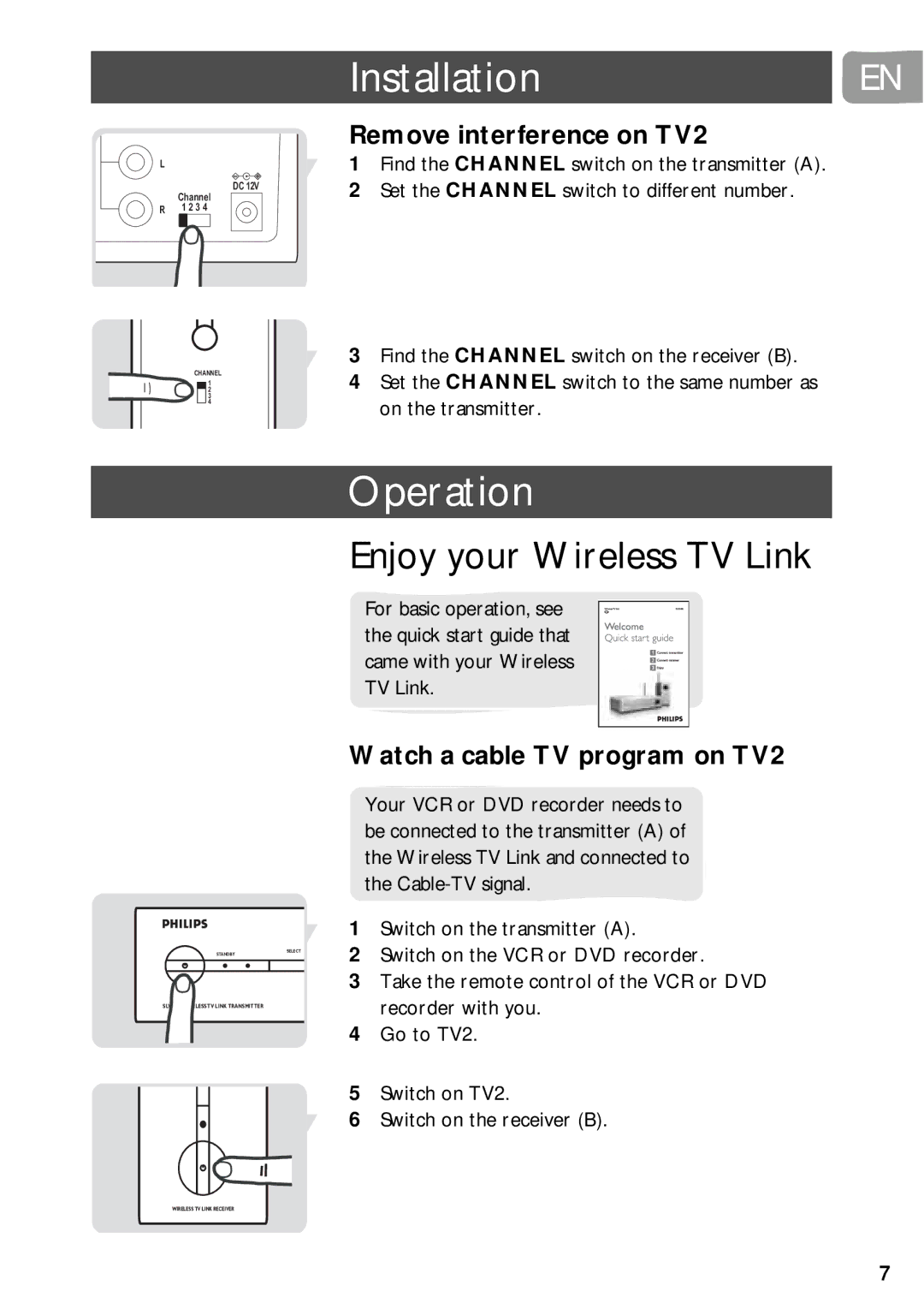 PYLE Audio SLV5400 Operation, Enjoy your Wireless TV Link, Remove interference on TV2, Watch a cable TV program on TV2 