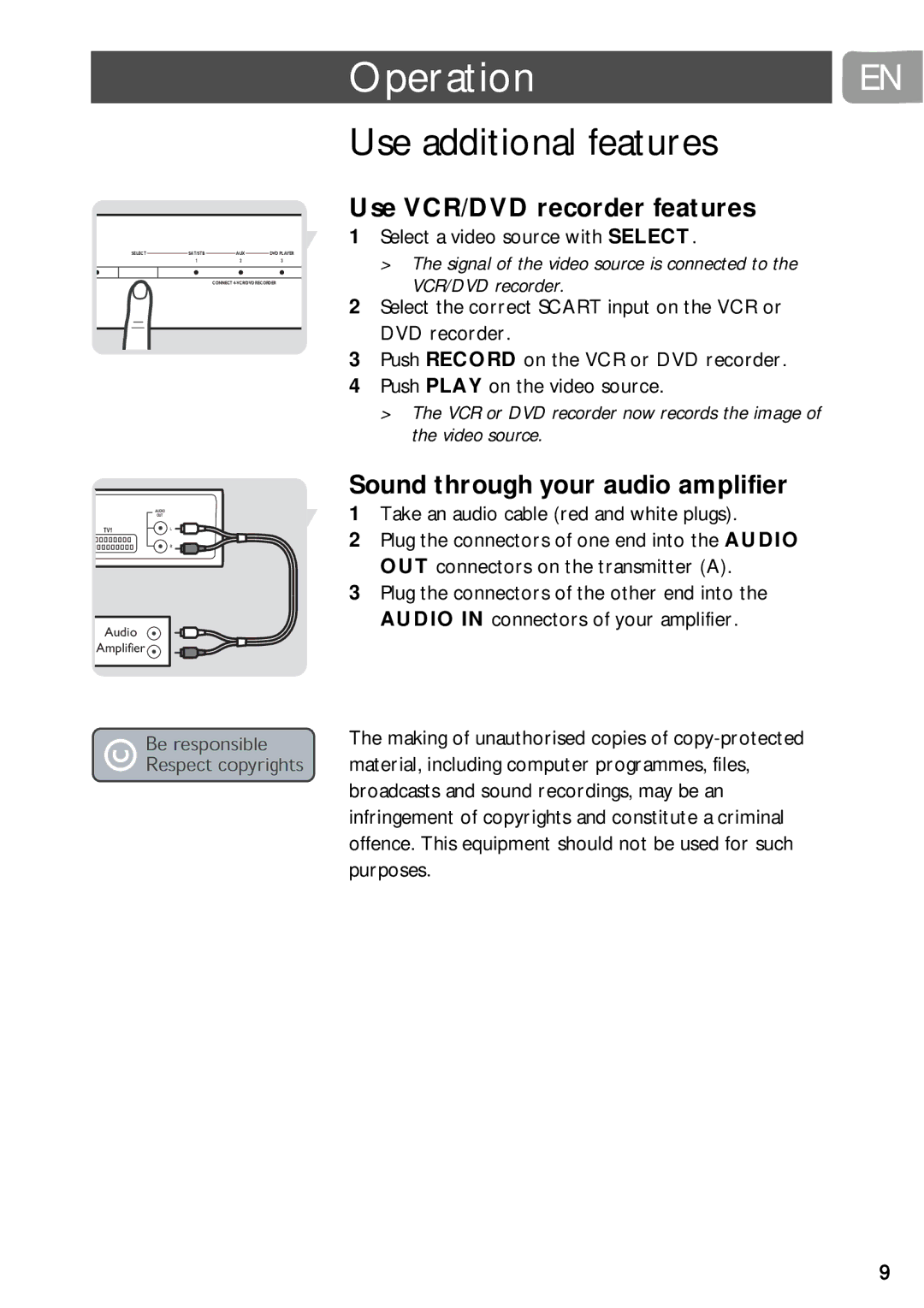 PYLE Audio SLV5400 user manual Use additional features, Use VCR/DVD recorder features, Sound through your audio amplifier 