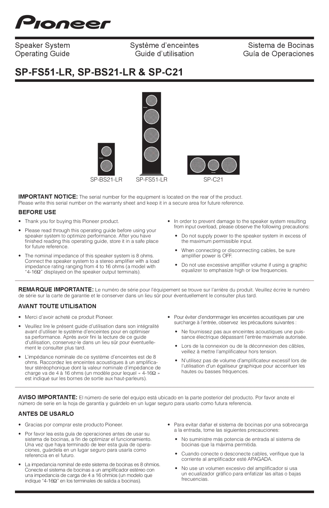 PYLE Audio SP-BS21-LR warranty Before USE, Avant Toute Utilisation, Antes DE Usarlo 