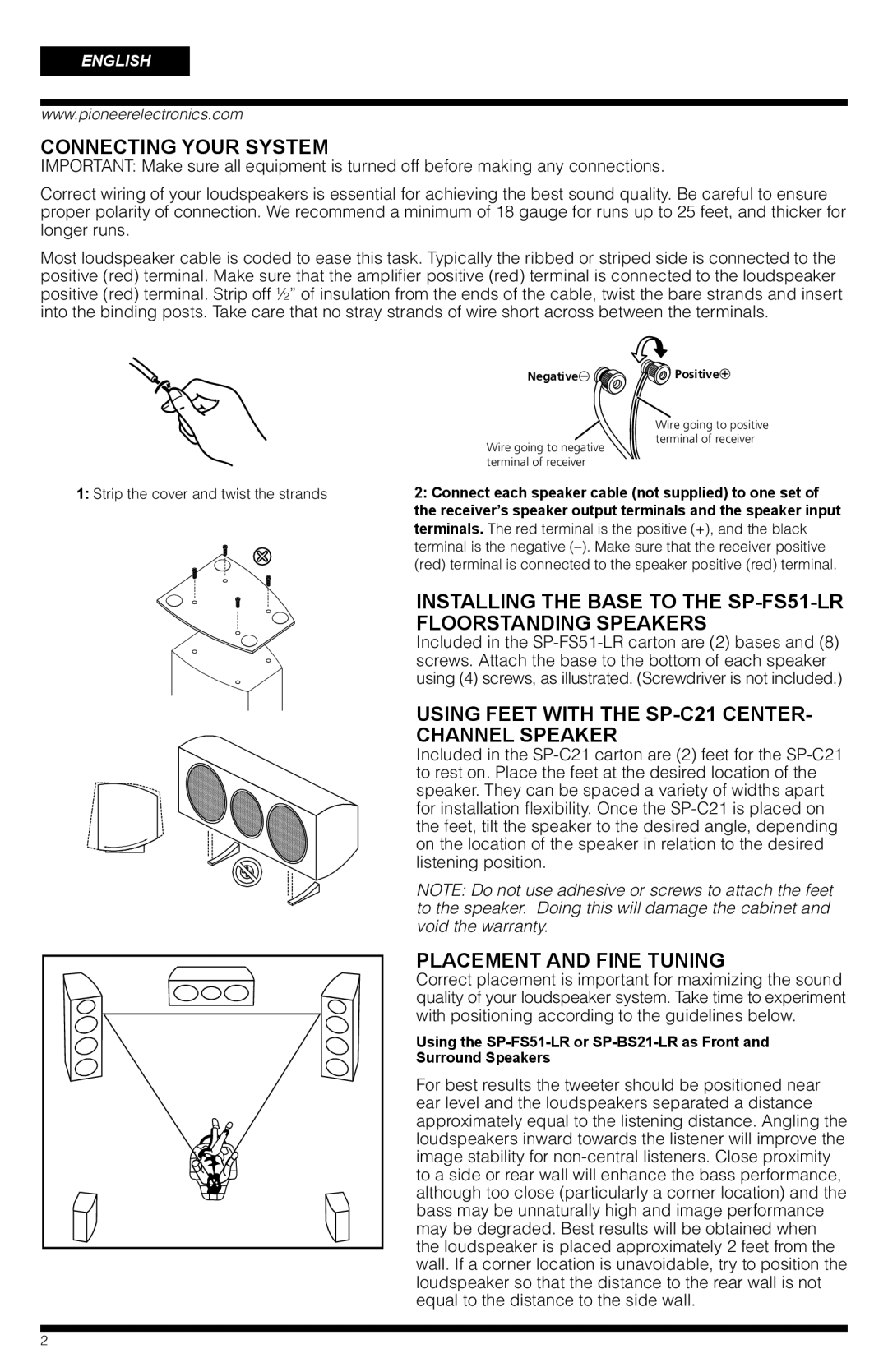 PYLE Audio SP-BS21-LR Connecting Your System, Using Feet with the SP-C21 Center Channel Speaker, Placement and Fine Tuning 