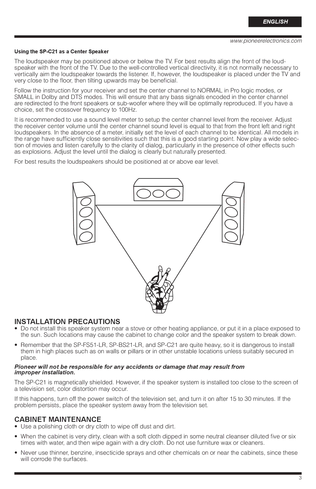 PYLE Audio SP-BS21-LR warranty Installation Precautions, Cabinet Maintenance 