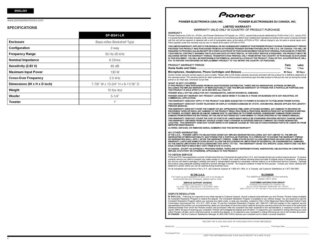 PYLE Audio SP-BS41-LR warranty Specifications, Pioneer Electronics USA INC, Limited Warranty 