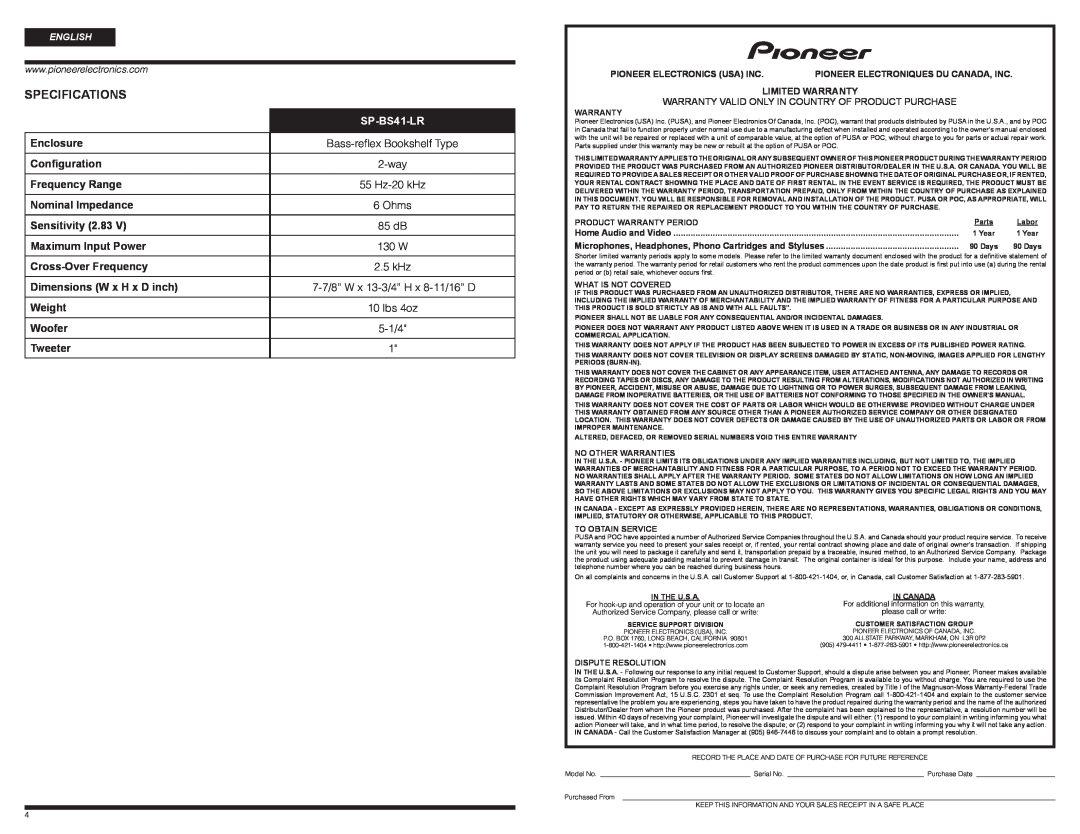 PYLE Audio SP-BS41-LR warranty Specifications 