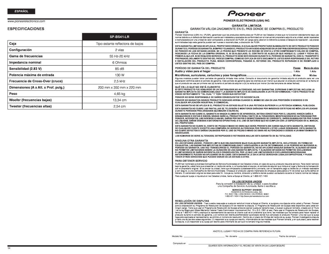 PYLE Audio SP-BS41-LR warranty Especificaciones 