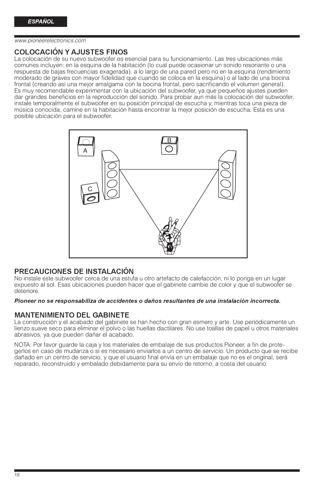 PYLE Audio SW-8 Colocación Y Ajustes Finos, Precauciones DE Instalación, Mantenimiento DEL Gabinete 