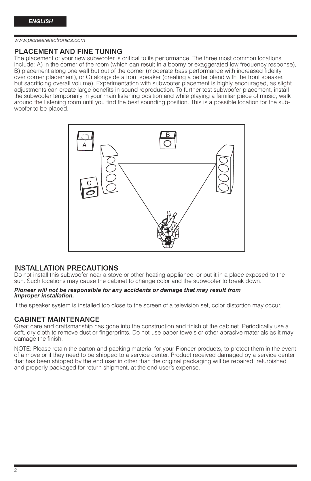 PYLE Audio SW-8 important safety instructions Placement and Fine Tuning, Installation Precautions, Cabinet Maintenance 