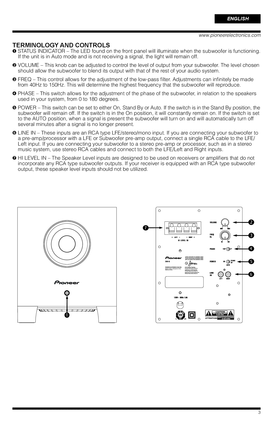 PYLE Audio SW-8 important safety instructions Terminology and Controls 