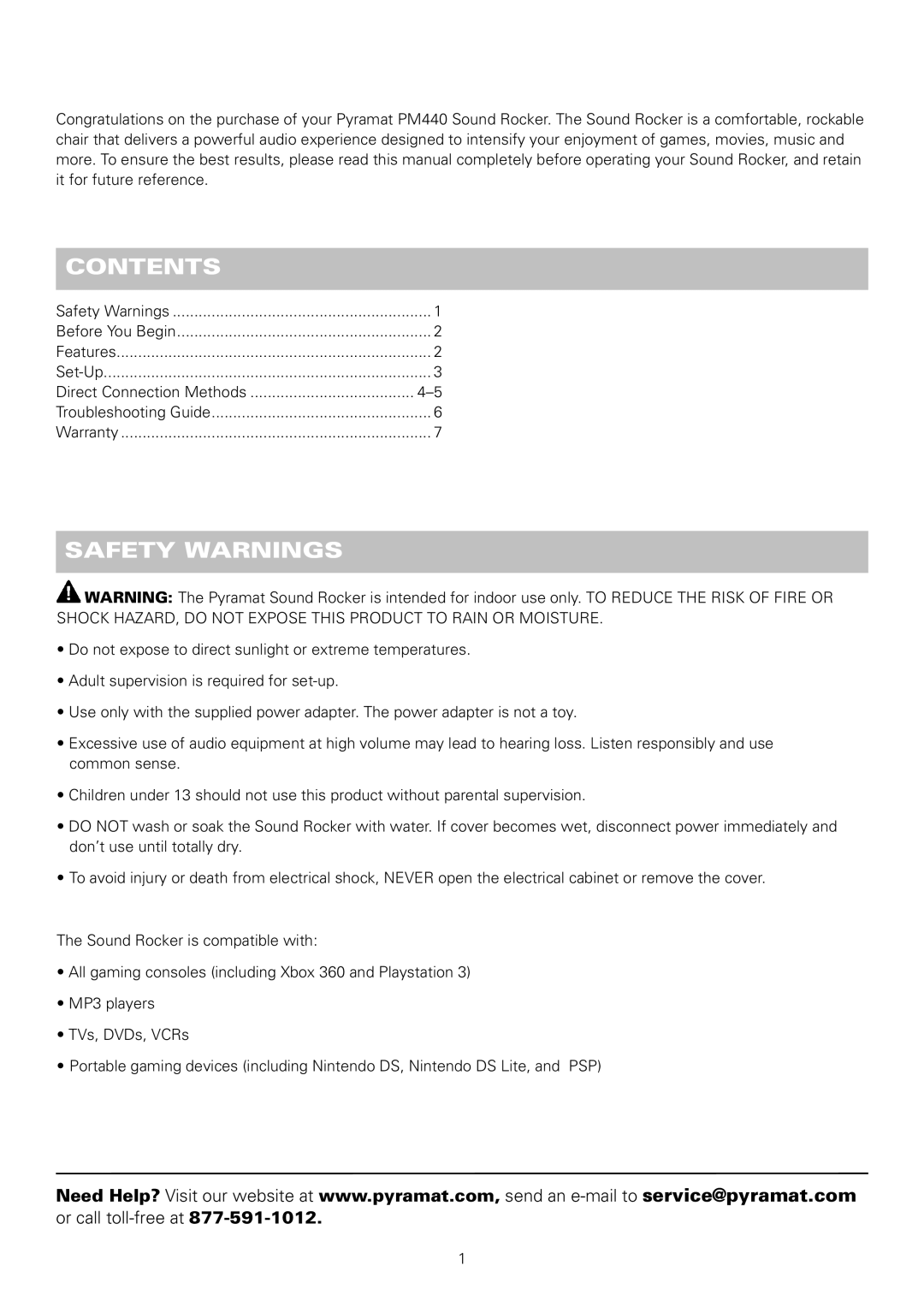 Pyramat PM440 manual Contents, Safety Warnings 