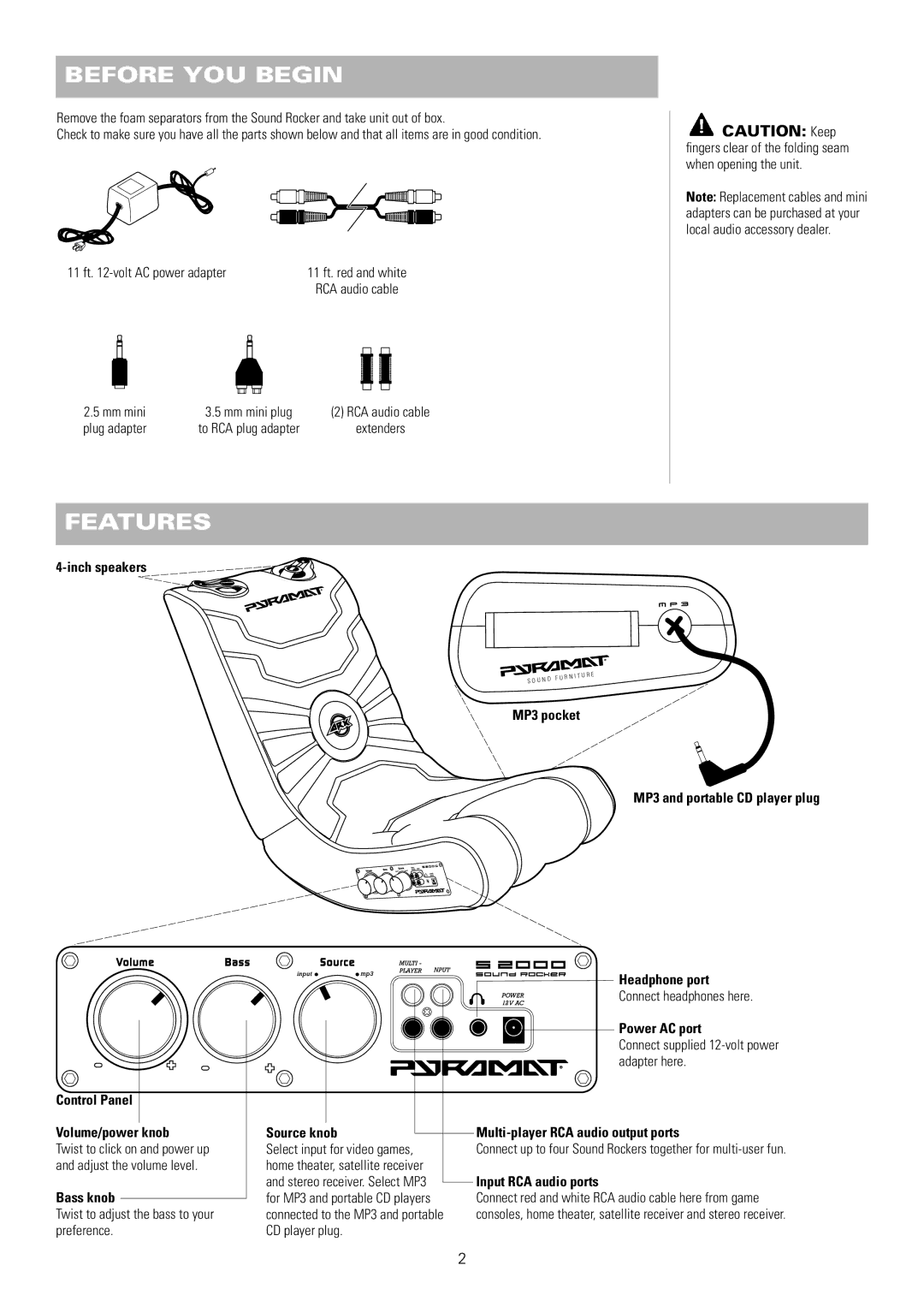 Pyramat S 2000 manual Before YOU Begin, Features, Power AC port, Input RCA audio ports, Bass knob 